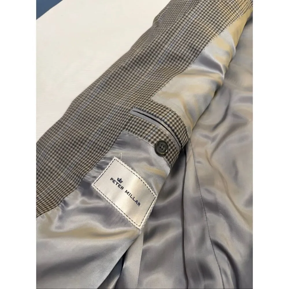 Peter Millar Grey Plaid Gingham 2 Button Wool Blazer Size 44T